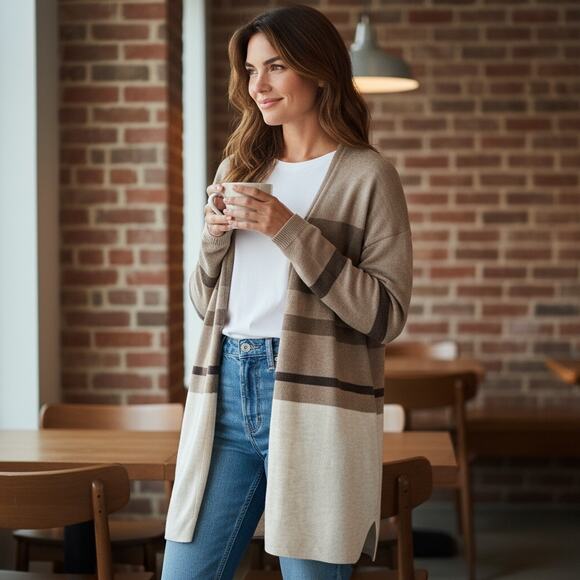 GAP tan striped long oversized open front Knit sweater Neutral Cardigan XS NWT - Picture 1 of 16